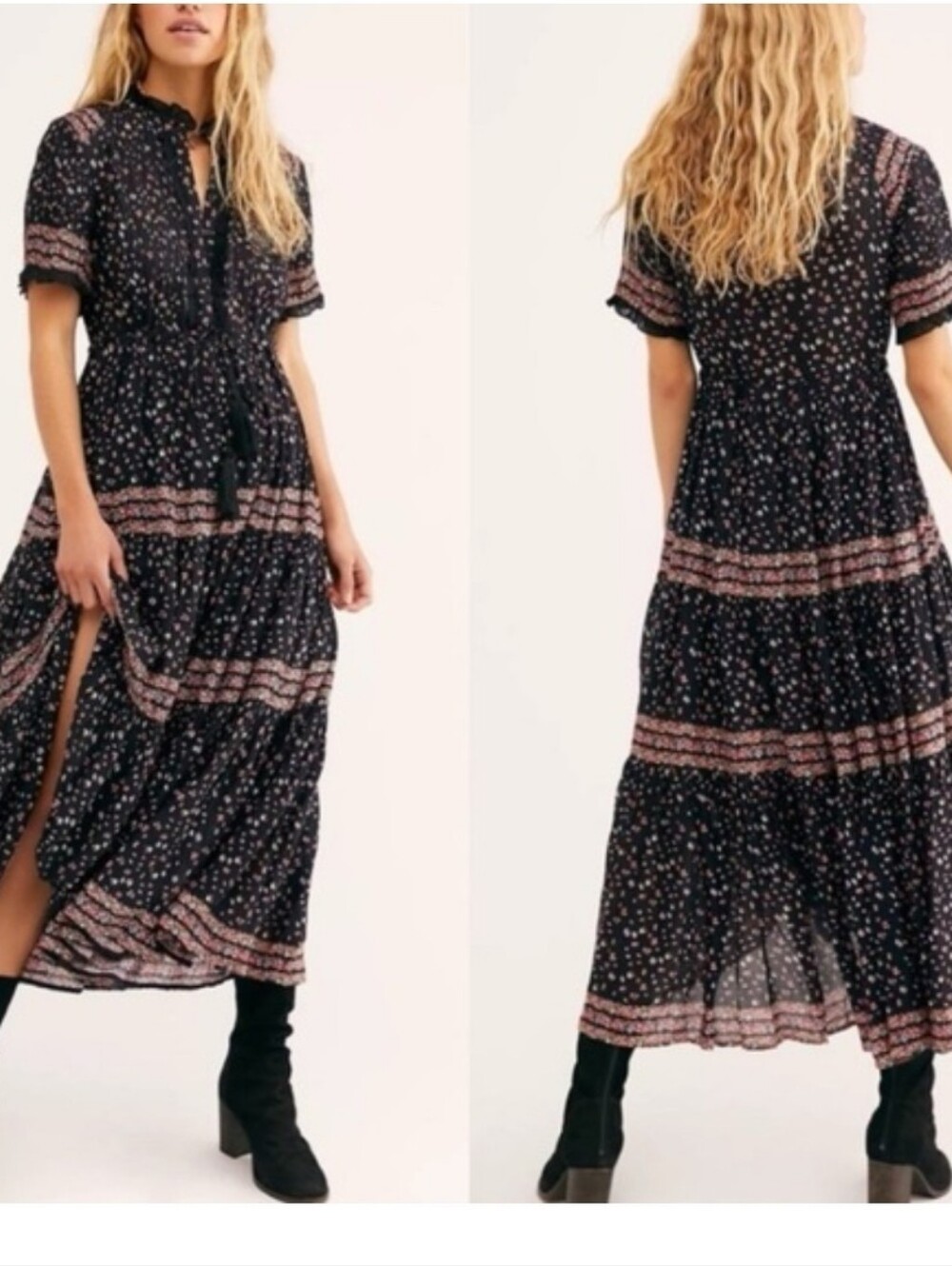 Free People Rare Feelings Black Floral Tiered Ruffle Tassel Maxi Dress